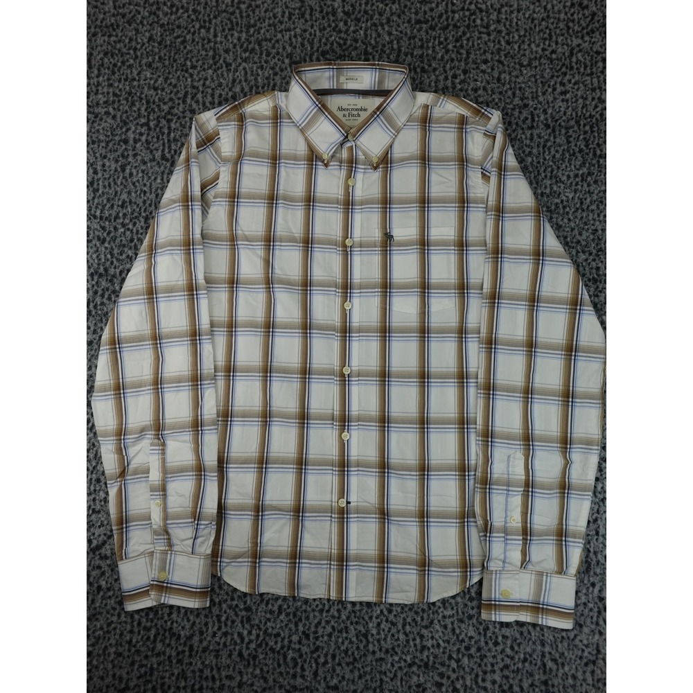 Abercrombie & Fitch Button Down Shirt Mens XXL White Brown Blue Plaid Muscle Fit